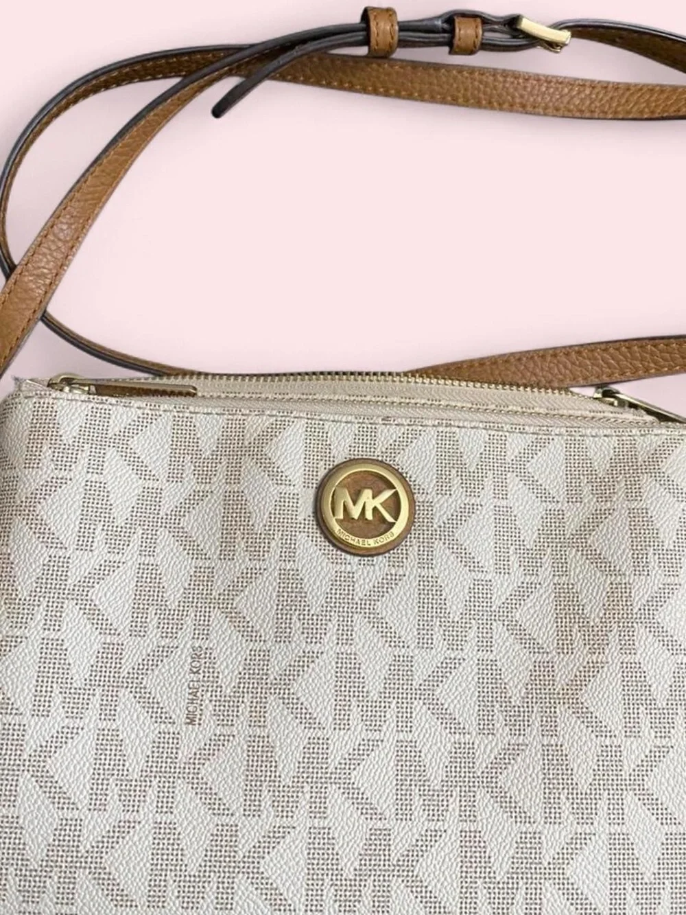 Michael Kors Cream Logo Crossbody with Tan Strap